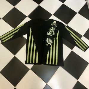Vintage 90s Y2K Angora Tie Front Cardigan Sweater Black Lime Green Floral Large